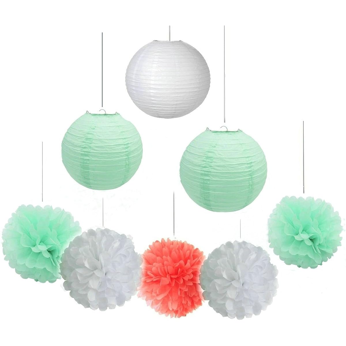 Fascola 16pcs White Mint Green Coral Pom Pom Flowers Tissue Paper Pom Poms Honeycomb Balls Paper Lanterns Paper Flowers Hanging Pom Poms for Wedding Nursery Paper Decorations Bridal Party Shower Decorations