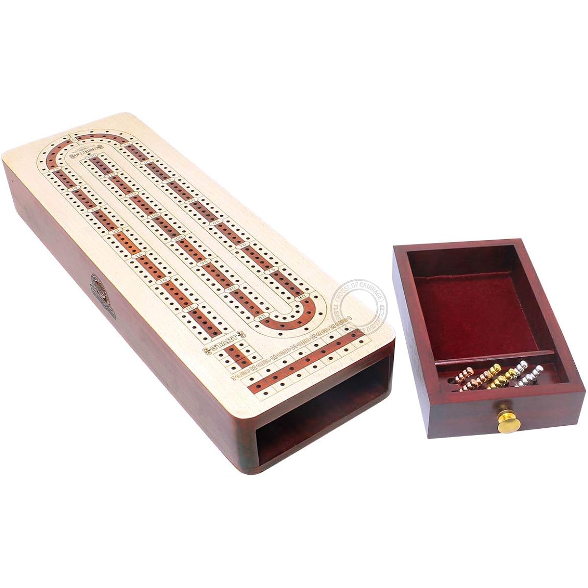 House of Cribbage Continuous Cribbage Board Alphabet E-Shape with Maple and Bloodwood Inlay and Storage Drawer for Pegs and Cards, 3 Tracks