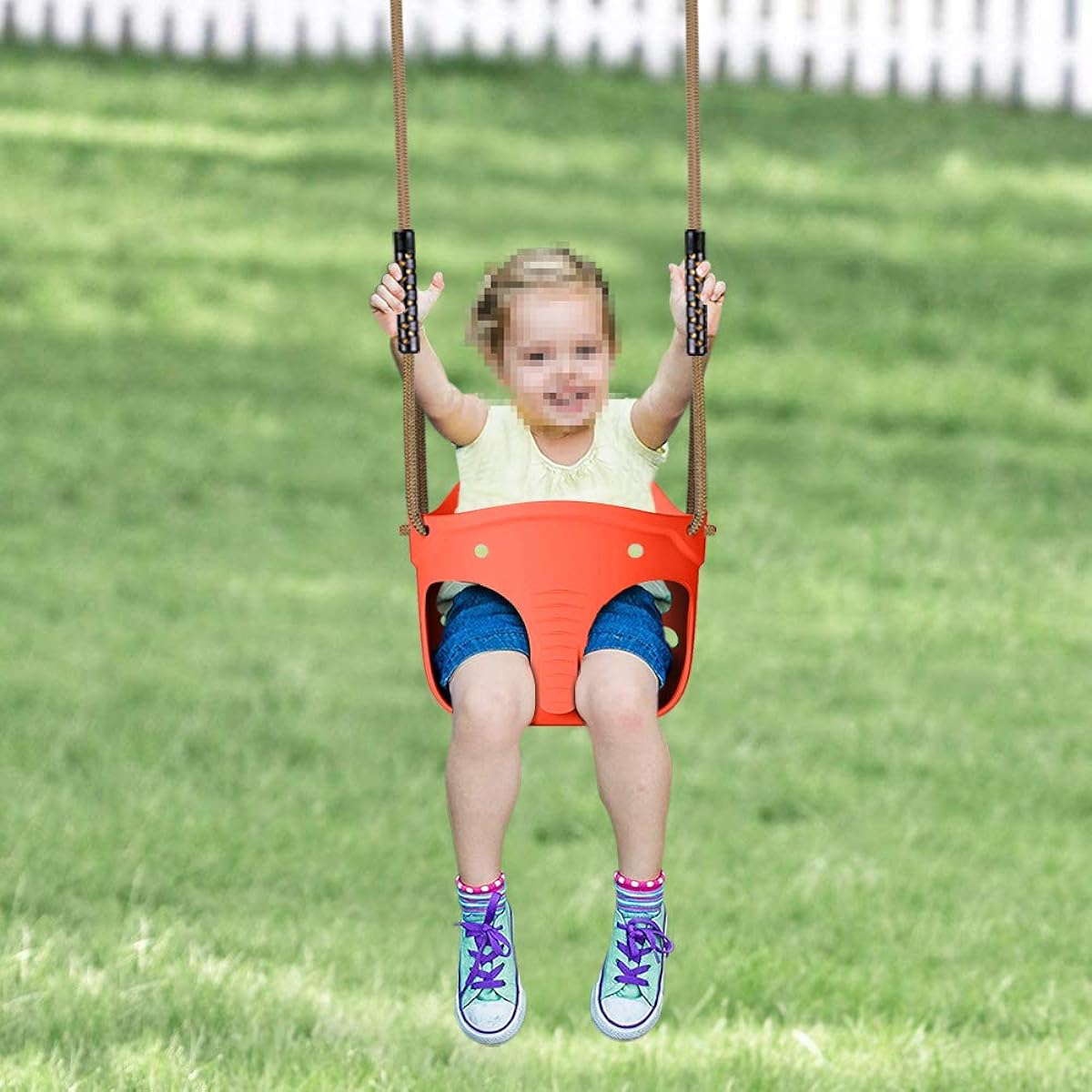 SELEWARE Cute High Back Full Bucket Toddler Swing Seat with Adjustable Rope, Heavy Duty Playground Swing Set with 2 Carabiners, Elephant Design, 600 lb Capacity, Red