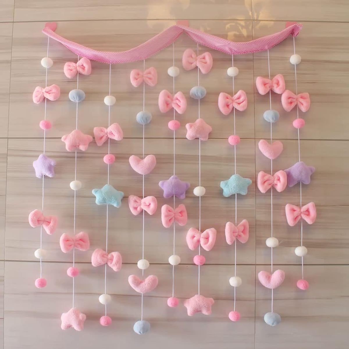 Kawaii Entryway Curtains for Girls Bedroom Wall Hanging Decor Cute Fluffy Star Bow Pentacle Garland Door String Nursery Curtains for Baby Room (Adhesive Hook & Loop, Pink Star)