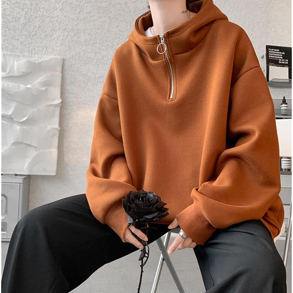[JIYUTOR] Men's sweatshirt hooded loose hoodie zip-up neck plain hooded high neck hoodie large size drop shoulder pullover sweatshirt