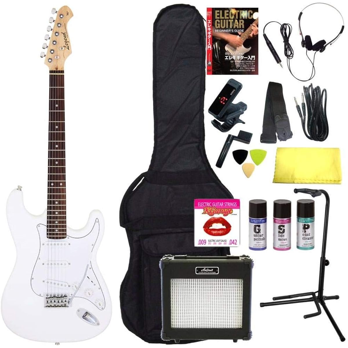 [Perfect 16-piece set/ARIA 6W amplifier] Legend LST-Z WH (White) Stratocaster electric guitar beginner set introductory set