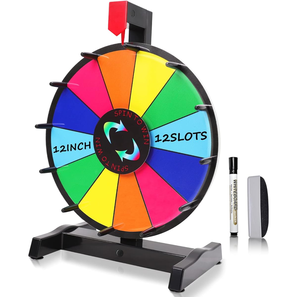 iElyiEsy Spinning Prize Wheel 12" Tabletop Spin Wheel for Prizes with Stand, 12 Color Slots, Erasable Surface, Fair Carnival Party Fortune Game