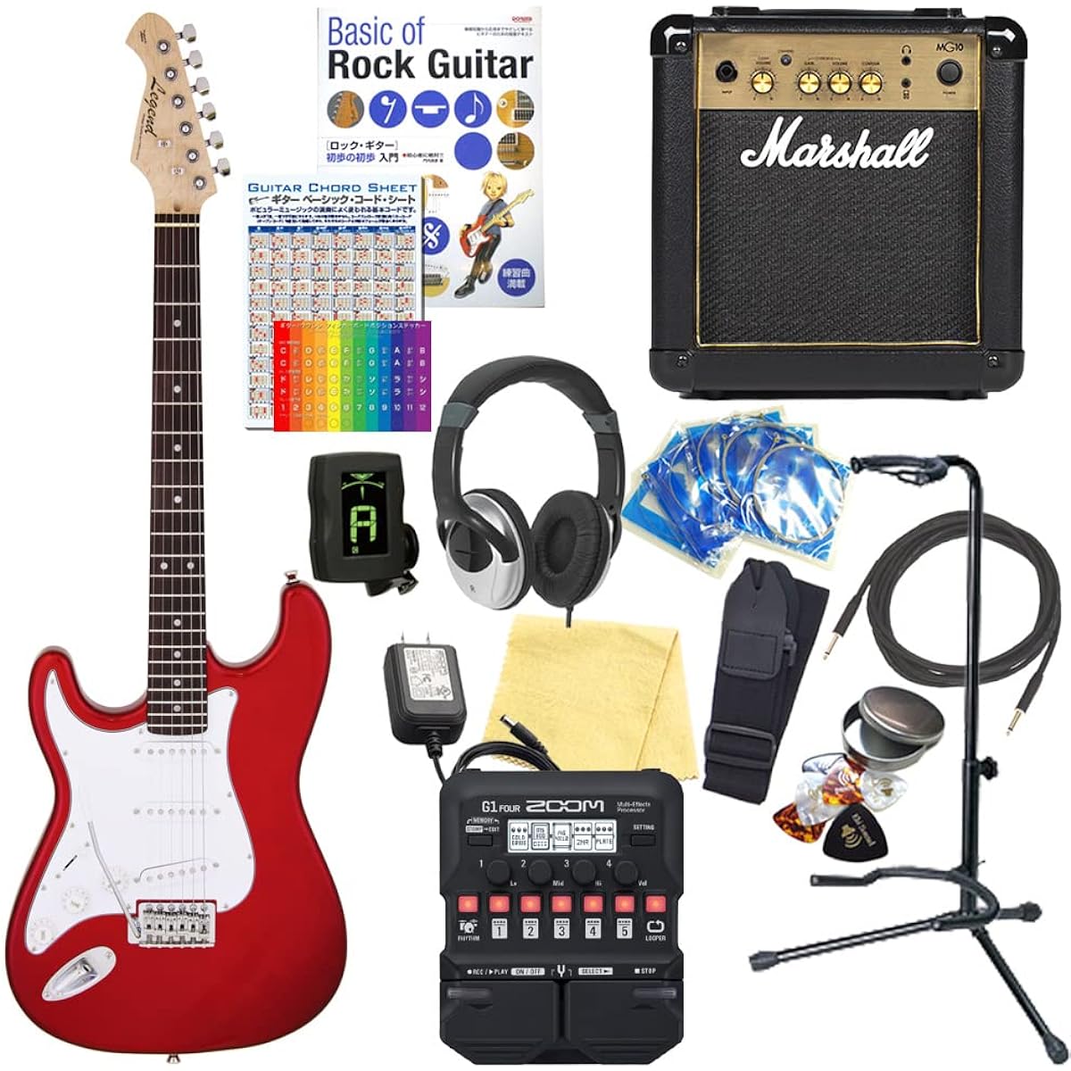 Electric guitar for left-handed beginners, Stratocaster type, 18-piece set with Marshall amp, Legend LST-Z LH CA [ZOOM G1Four multi-effector included]