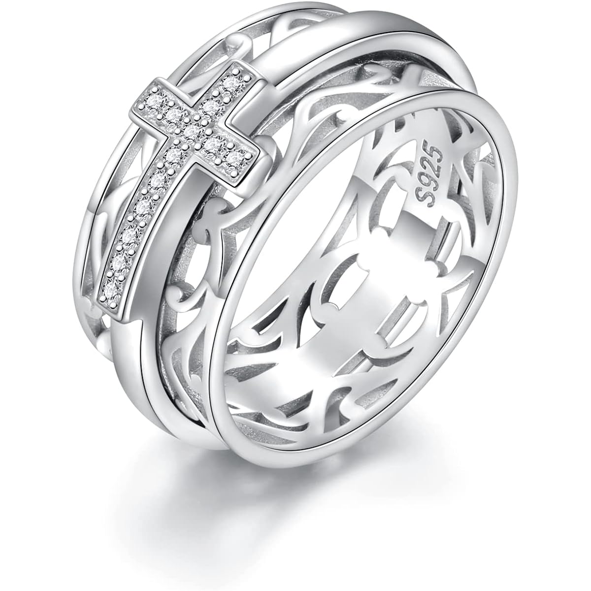Sterling Silver Cross Fidget Ring Fidget Spinning Meditation Ring for Women Anxiety Relief Stress Relief