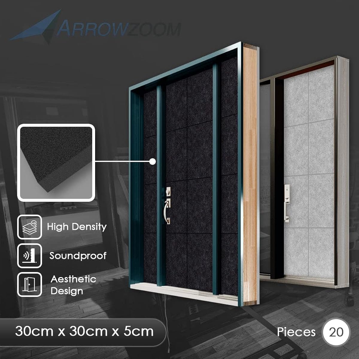 Arrowzooom 20 White Door Kit PRO Acoustic Polyester Foam Panel NRC 0.85 Music Recording Studio Soundproofing Noise Reduction -40dB Thick Insulation Acoustic Treatment Flame Retardant 30 x 30 x 5 cm SD1244