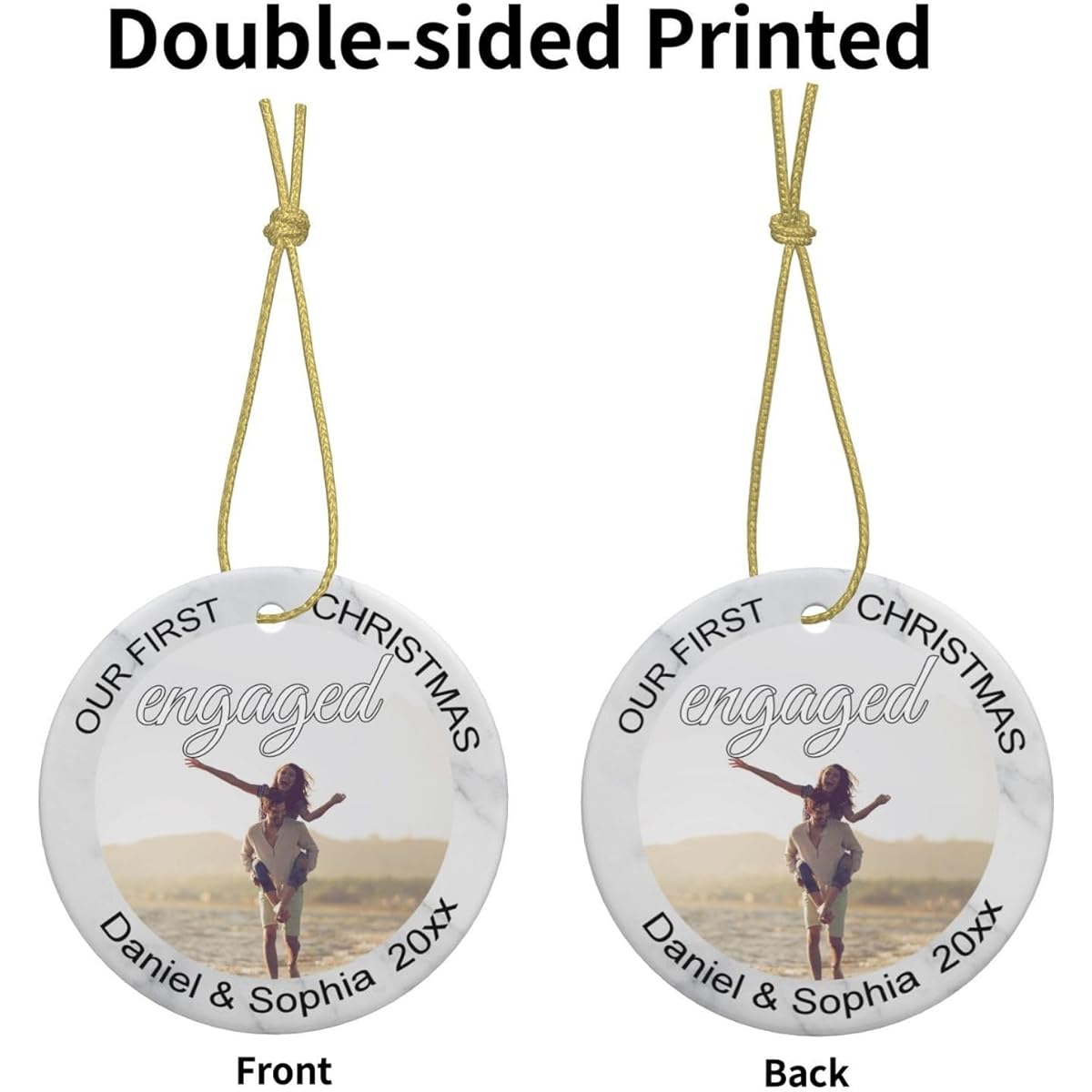 Personalized Photo Christmas Ornament Custom 2023 Christmas Engagement Ornament with Name Customized Christmas Tree Hanging Round Ceramic Ornament for Couple Engagement