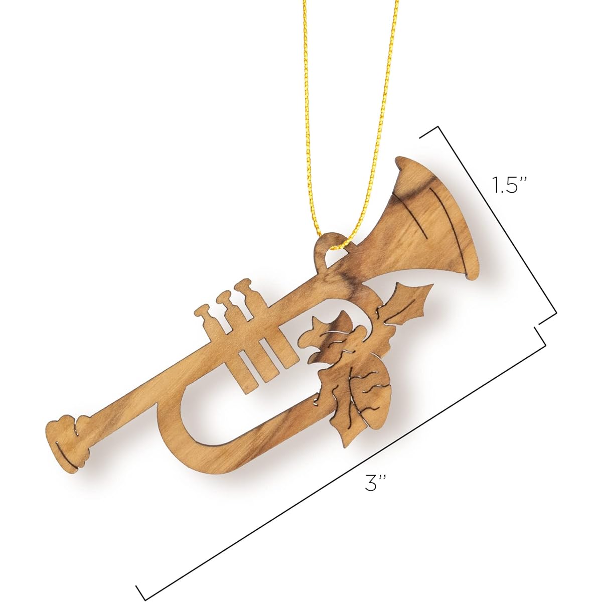 Trumpet Christmas Ornament Olive Wood Seasonal Decoration for Music Lovers & Band Members Small Wooden Christmas Tree Holiday Hanging Ornament Made in the Holy Land of Bethlehem, Israel