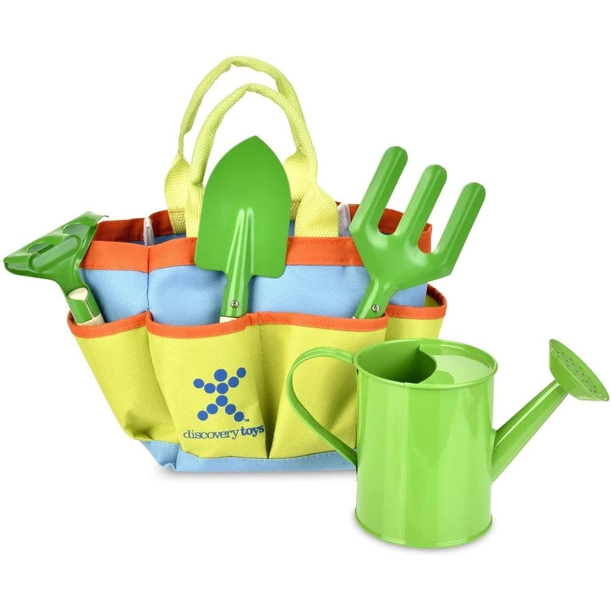 Discovery Toys Kids Garden Tool Set - 5 Piece with Wooden Handles - Watering Can, Tote, Spade, Fork, Rake - Summer Toy Gifts for Ages 4+