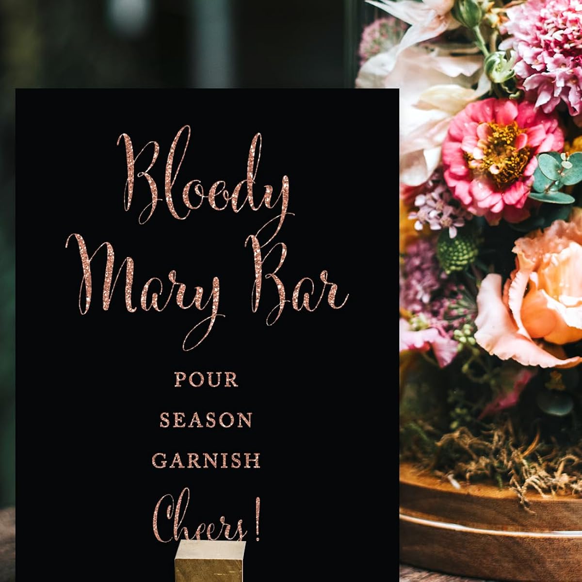 Andaz Press Wedding Party Signs Faux Rose Gold Glitter Black 8.5x11 inches Bloody Mary Bar Pour Season Garnish Cheers!, 1 Pack