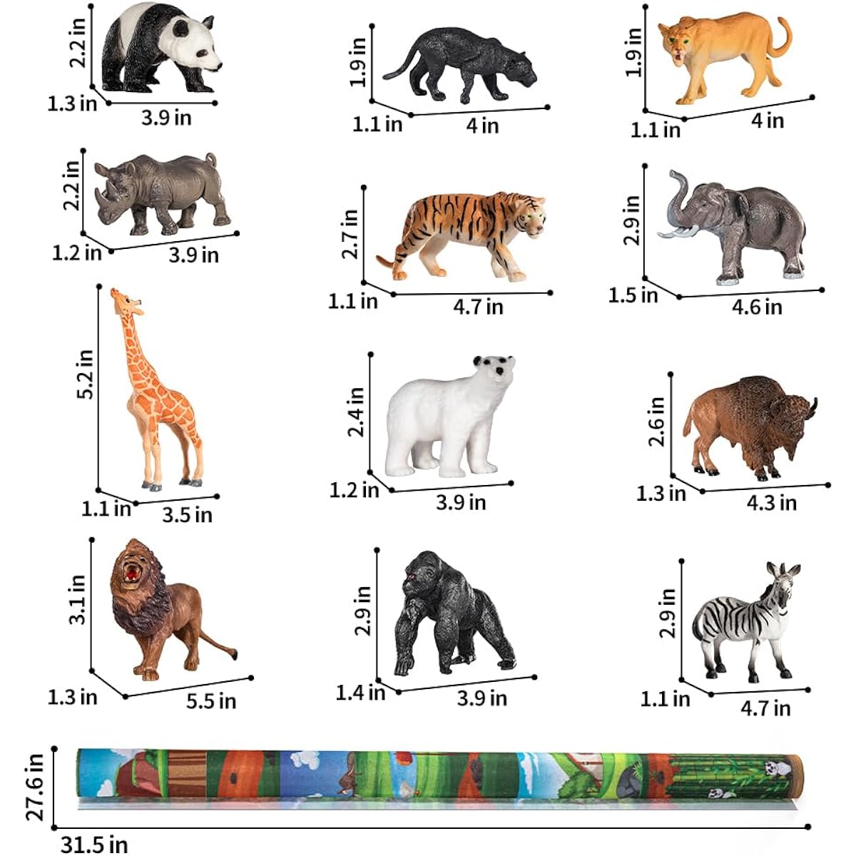 TEMI 12 Pack Zoo and Safari Animal Toys for Ages 3-5, Jungle Wildlife Realist Animal Figures Playset with Lion Tiger Panda Playmat - Party Favors Gifts for Toddlers, Boys and Girls 1-3