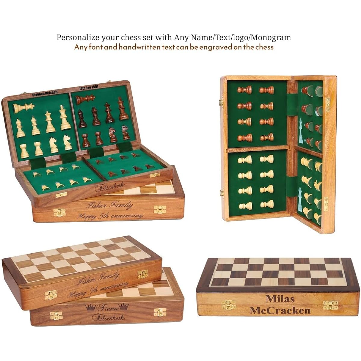 Personalized Wooden Foldable Magnetic Chess Set with 2 Extra Queens | Chessman Storage Slot Beginner Chess Set for Kids and Adults (Personalized 10")