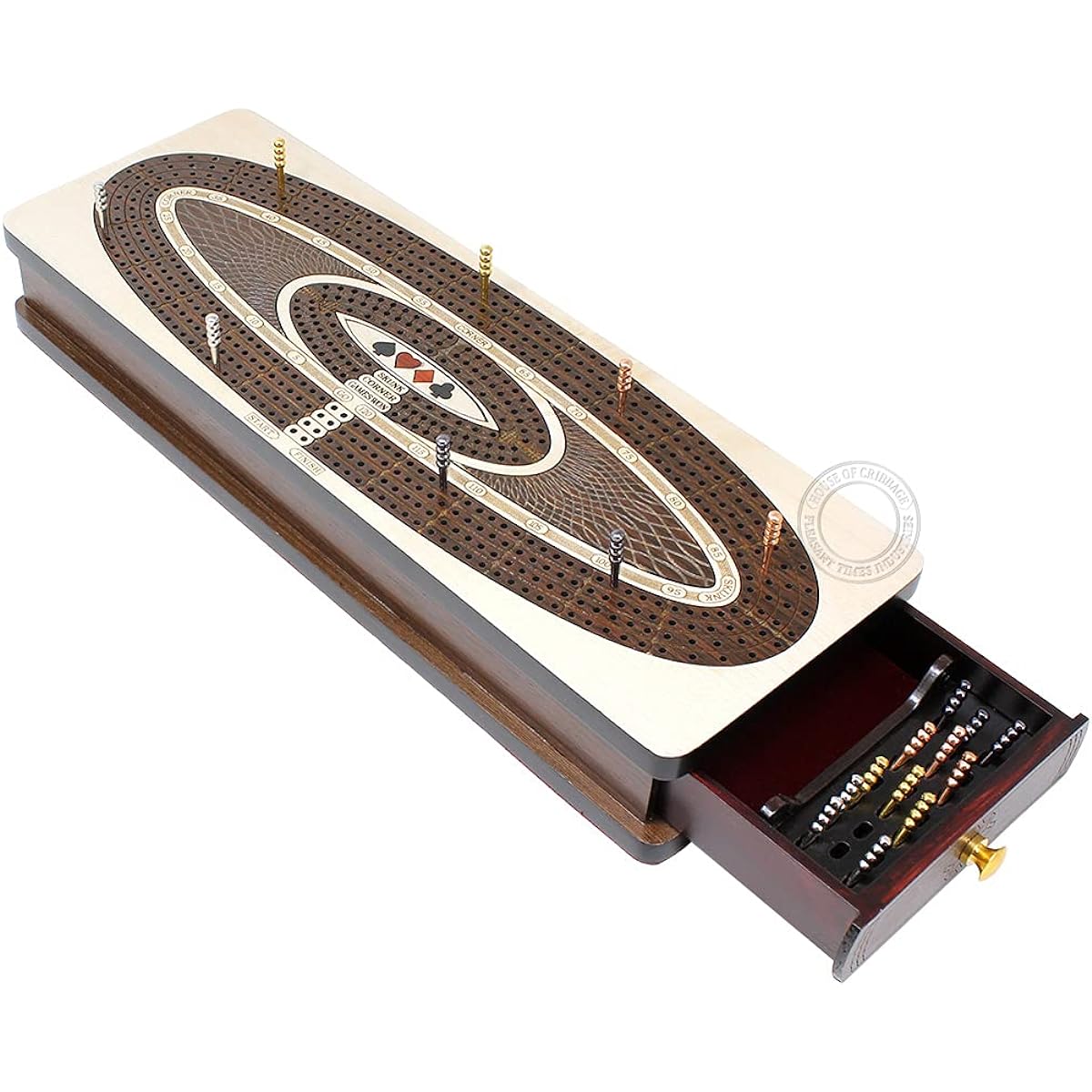 House of Cribbage - Continuous Cribbage Board Oval 4 Track - Drawers for Cards & Pegs with Skunk Corners and Score Marking Field - Maple Wood / Rosewood