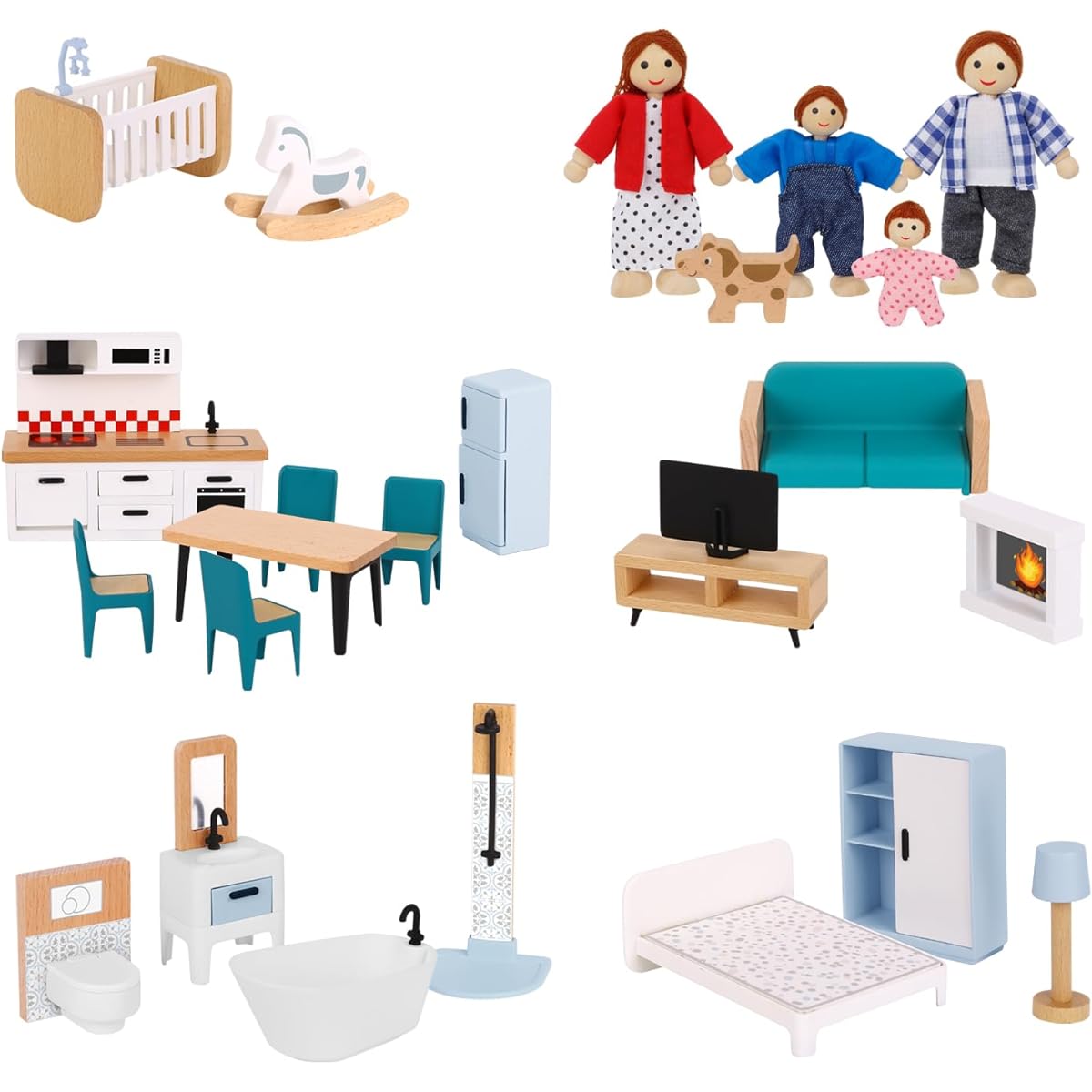 TOOKYLAND Wooden Dollhouse Furniture Set for Kids, 27 Pieces Dollhouse Accessories with 6 Family Dolls, Miniature Dollhouse Furniture Toys Pretend Play Gifts for Girls and Boys Ages 3+