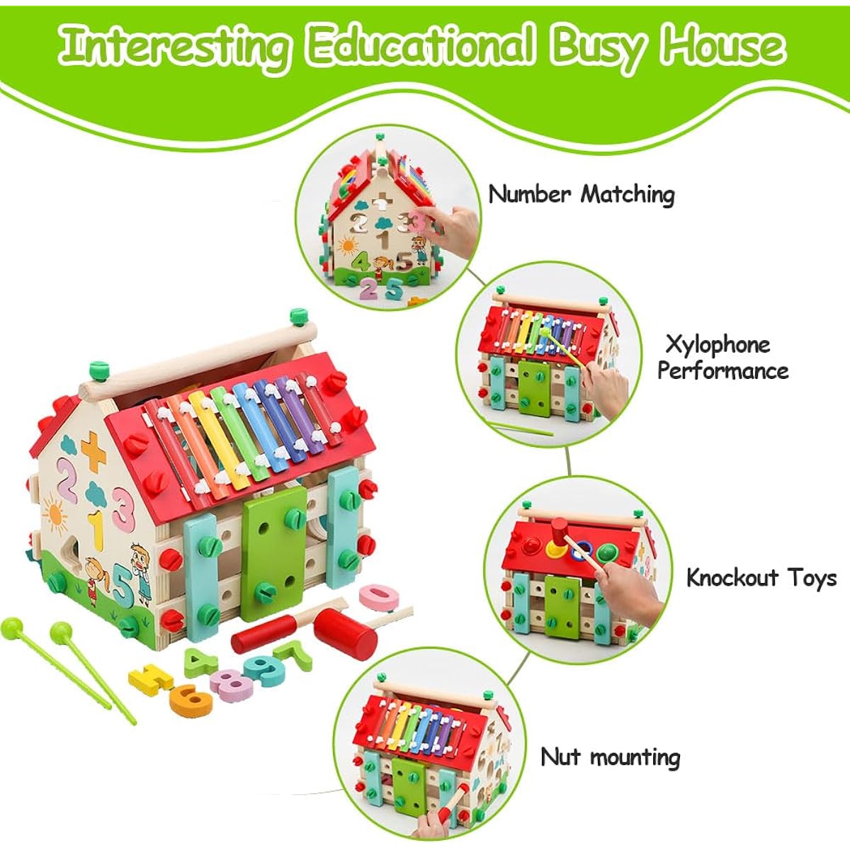 Aozzy Wooden Montessori Busy House Toy with Removable Tools Digital Screw Xylophone Toddler Sensory Toy Preschool Educational Activity Cube Fine Motor Skills Birthday Gift for Toddlers
