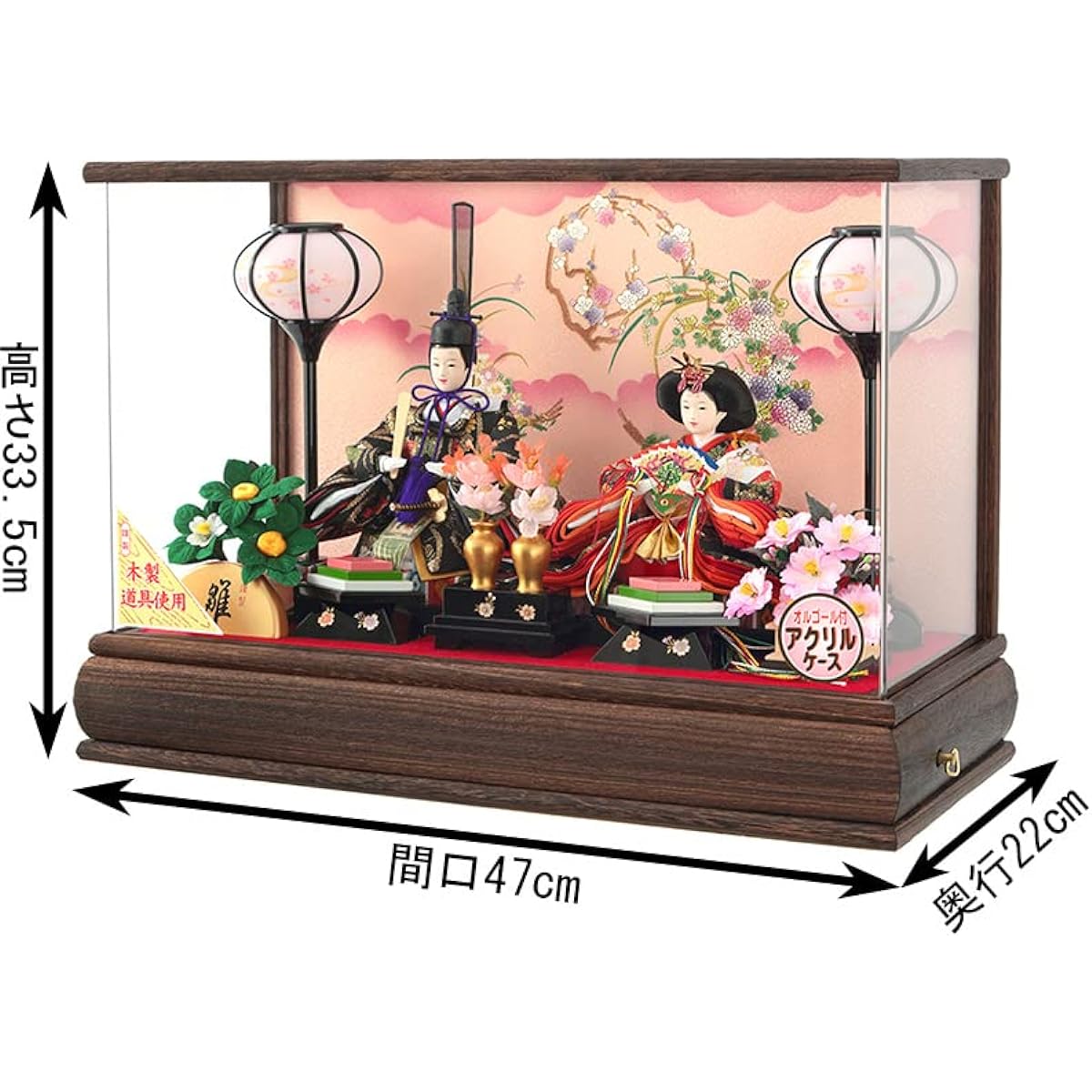 Compact Hina dolls, Hina dolls, case decoration, prince and princess decoration, small mustard, glazed paulownia wood, acrylic case, with music box h053-sg-7-23