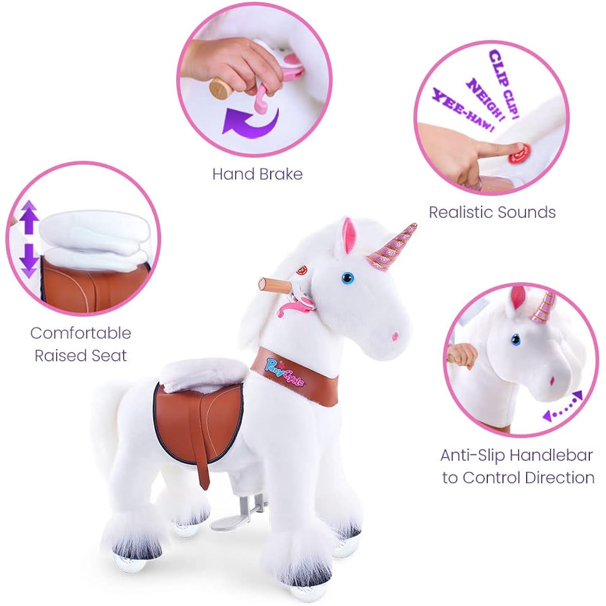 Ponycycle Official Ponycycle Ride On Unicorn No Battery No Electricity Mechanical Unicorn White Small for Ages 3-5