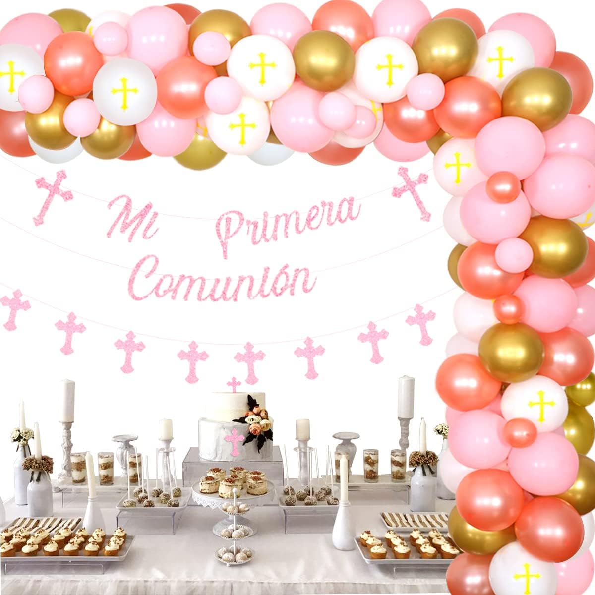 Pink and Gold Baptism Party Decorations for Girls, Sparkly Mi Primera Comunión Mi Bautizo Banner, First Communion, Confirmation Decorations, Baptism Decor, Balloon Garland