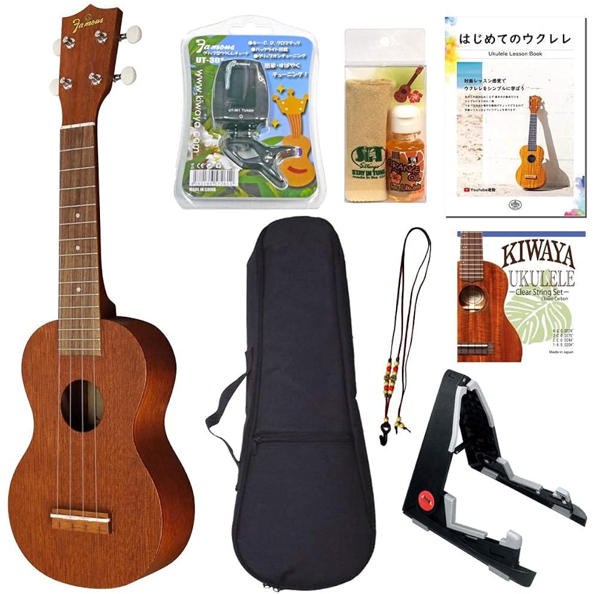 Famous FS-1G Beginner's Perfect 8-Piece Set [New Specifications] Famous Domestic Standard Ukulele Beginner's Set