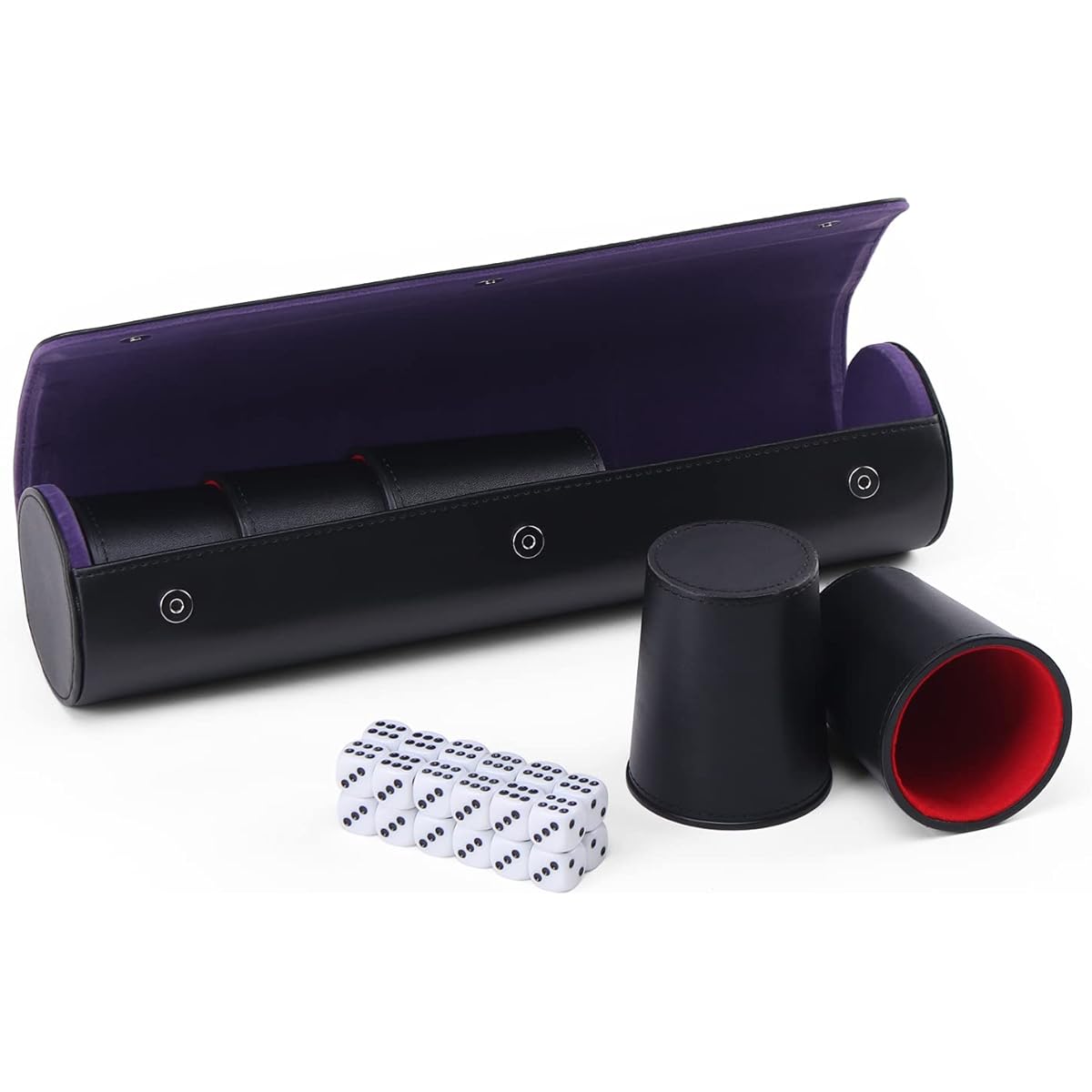 Magic Vosom Leather Dice Cup Set - 5 Dice Cups + 25 Dice + 1 Folding Tray - Dedicated Storage & Transport Case - Faux Leather - Magnetic Closure