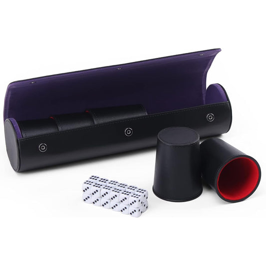 Magic Vosom Leather Dice Cup Set - 5 Dice Cups + 25 Dice + 1 Folding Tray - Dedicated Storage & Transport Case - Faux Leather - Magnetic Closure