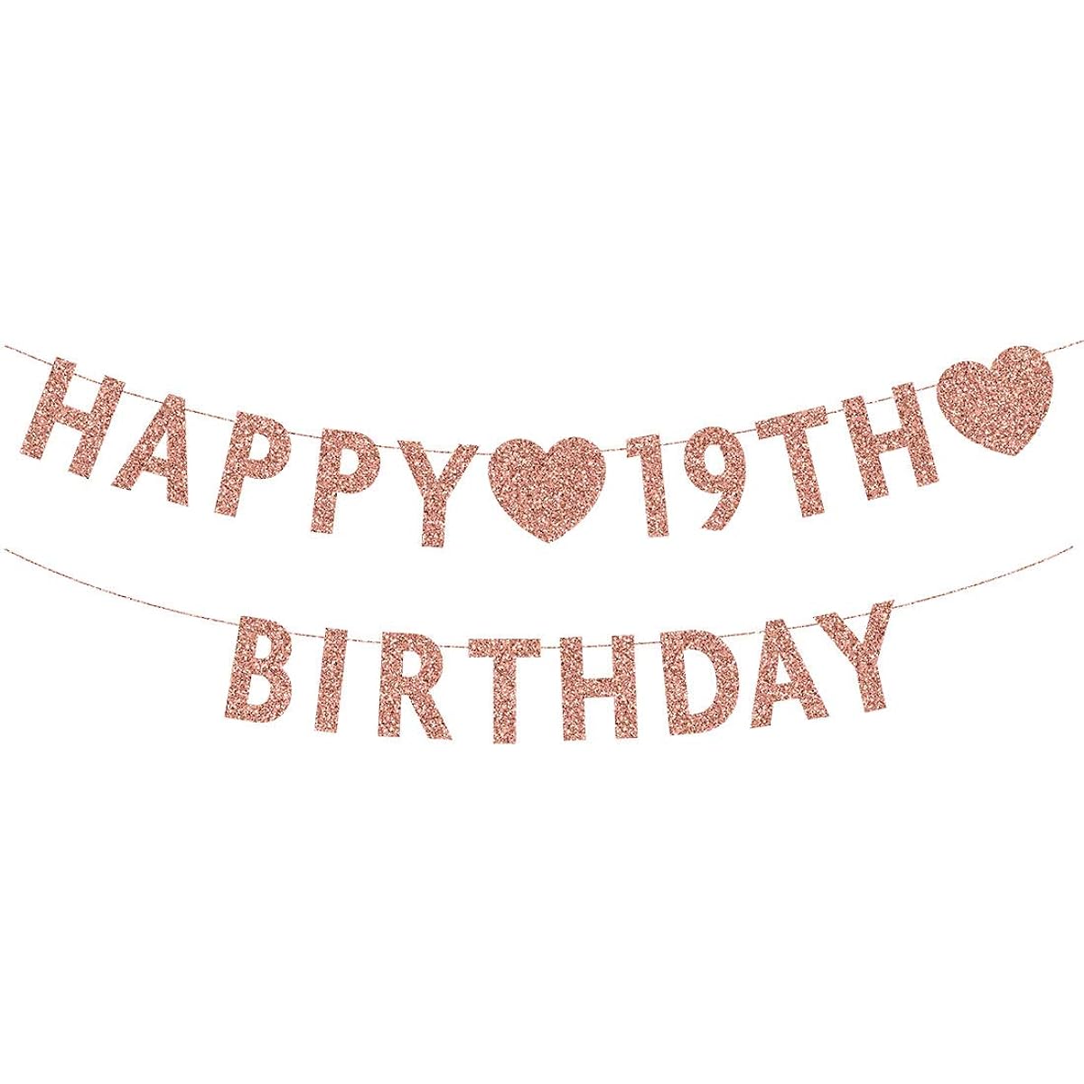 Rose Gold 19th Birthday Banner Glitter Happy 19th Boy or Girl Party Decoration
