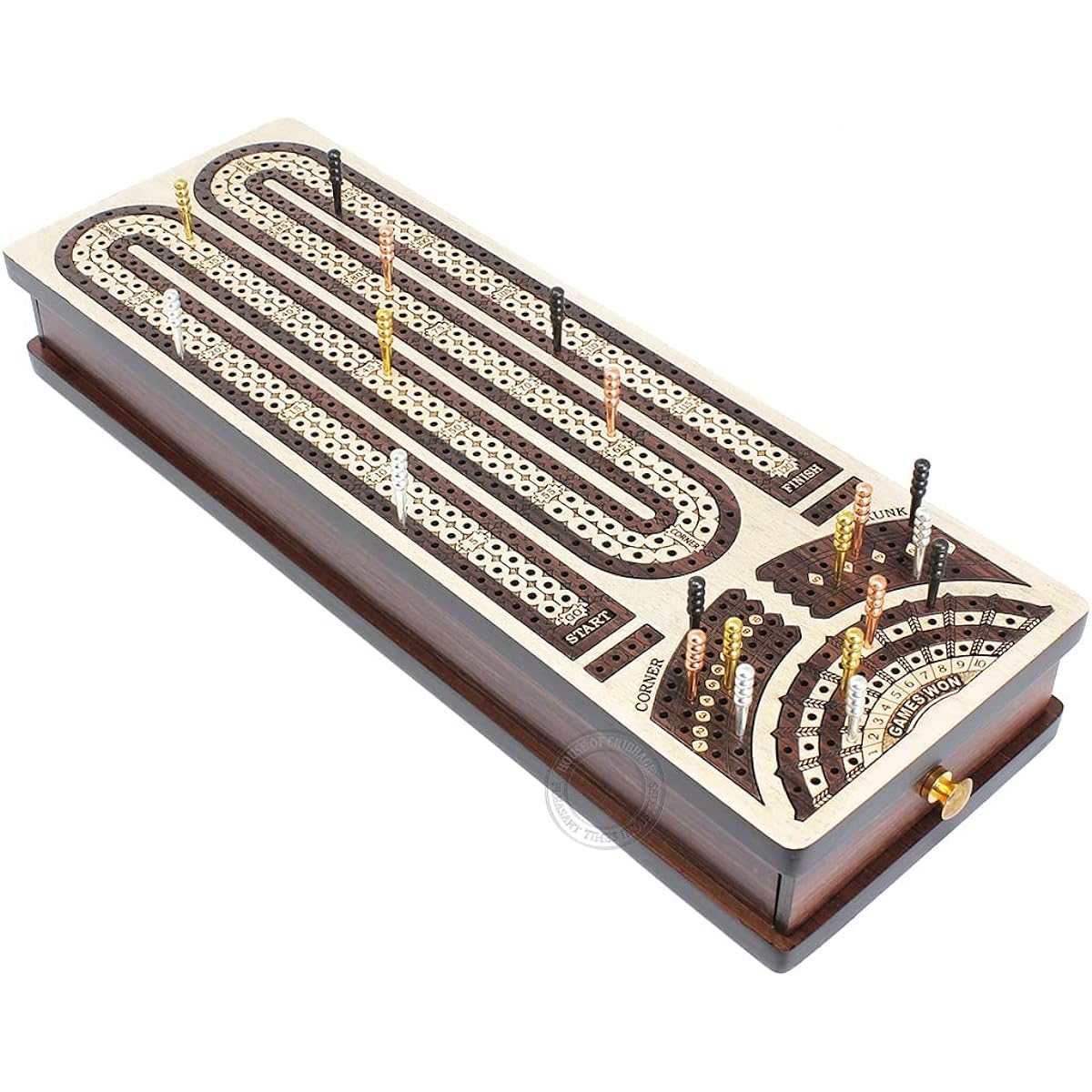 House of Cribbage - Continuous Cribbage Board / Box Inlay Maple/Rosewood/Maple: 4 Tracks - Side Drawer with Score Marking Fields Skunk Corner Winning Game