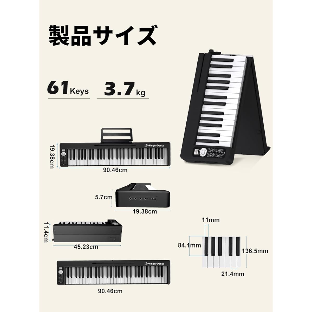 F-X11-61 Key Electronic Piano Keyboard 61 Keys Foldable Portable Wireless MIDI Compatible Beginners Adults Semi-Weighted (Compact Lamp Included, Black)
