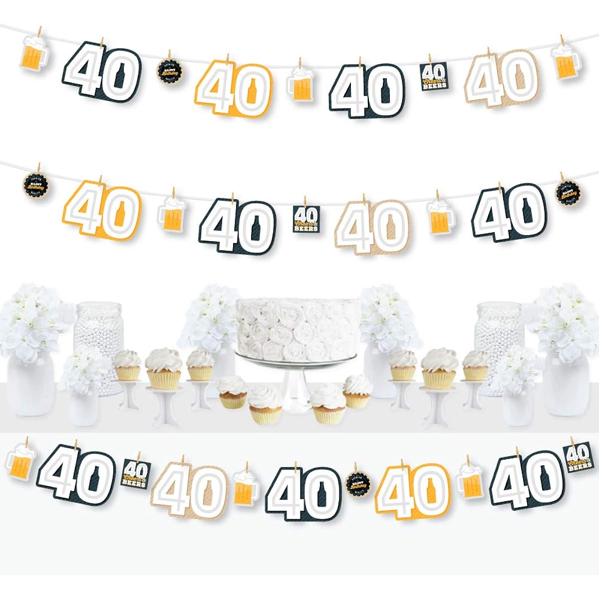 Big Dot of Happiness Cheers and Beers to 40 Years - DIY 40th Birthday Party Decorations - Clothespin Garland Banner - 44 Pieces