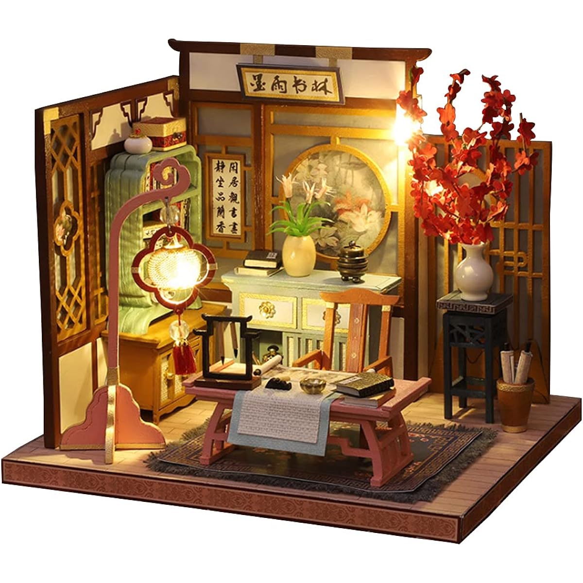Chinese Art Cottage Model 3D Wooden Miniature Dollhouse Kit 4 Sets Classical Architecture DIY Birthday Present (Painting and Calligraphy Room, No Dust Cover)