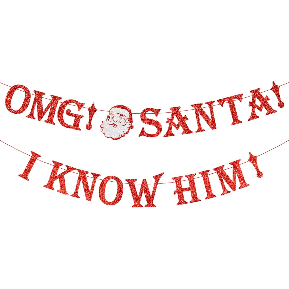 Festiko® Glitter OMG Santa I Know Him Banner, Red Sparkly Christmas Garland Banner with Santa Sign, Merry Christmas Party Decorations for Home Wall, Fireplace Mantle, Party Supplies