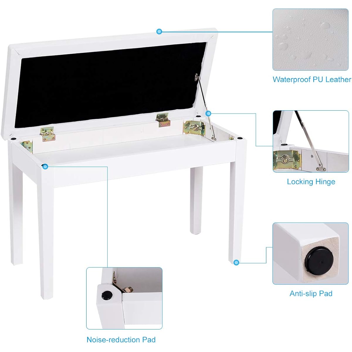 GOFLAME Piano Bench - Wooden Duet - Heavy Duty Piano Stool with Padded Cushion, Hidden Music Storage, Comfortable PU Leather Seat with Locking Hinges, Perfect for Home or Professional Use (White)