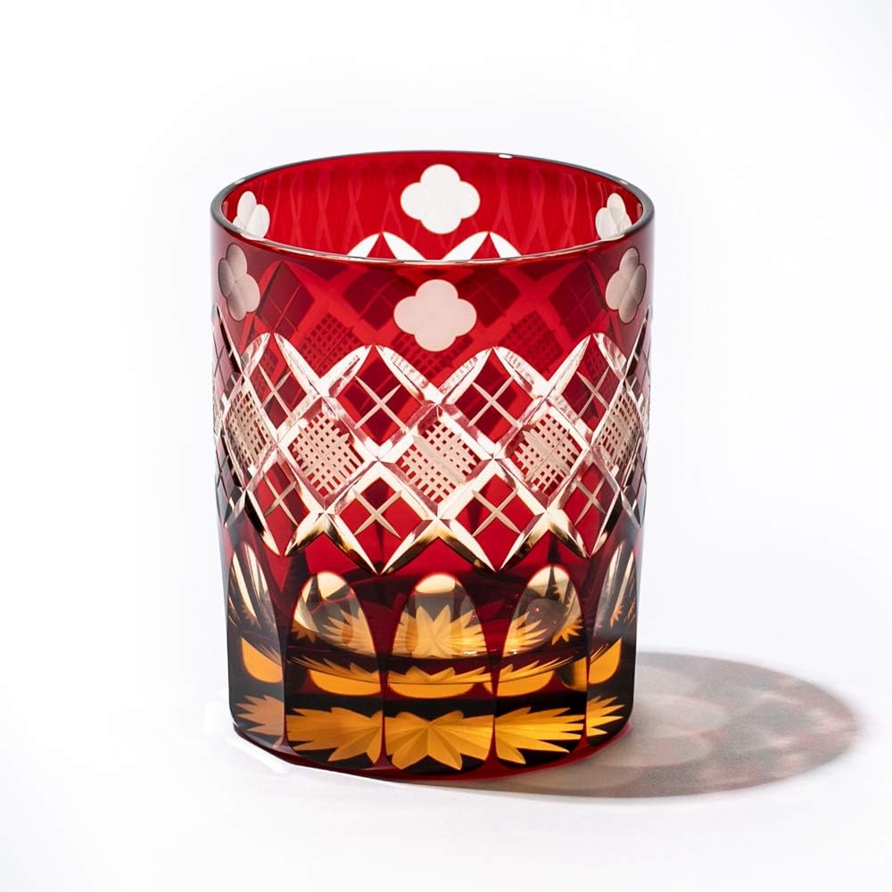 [Taimuro Kobo Official] Edo Kiriko Quatrefoil with Yarai Fish Crest Old Glass (Amber Red) TB94429AR Wooden Box Made in Japan
