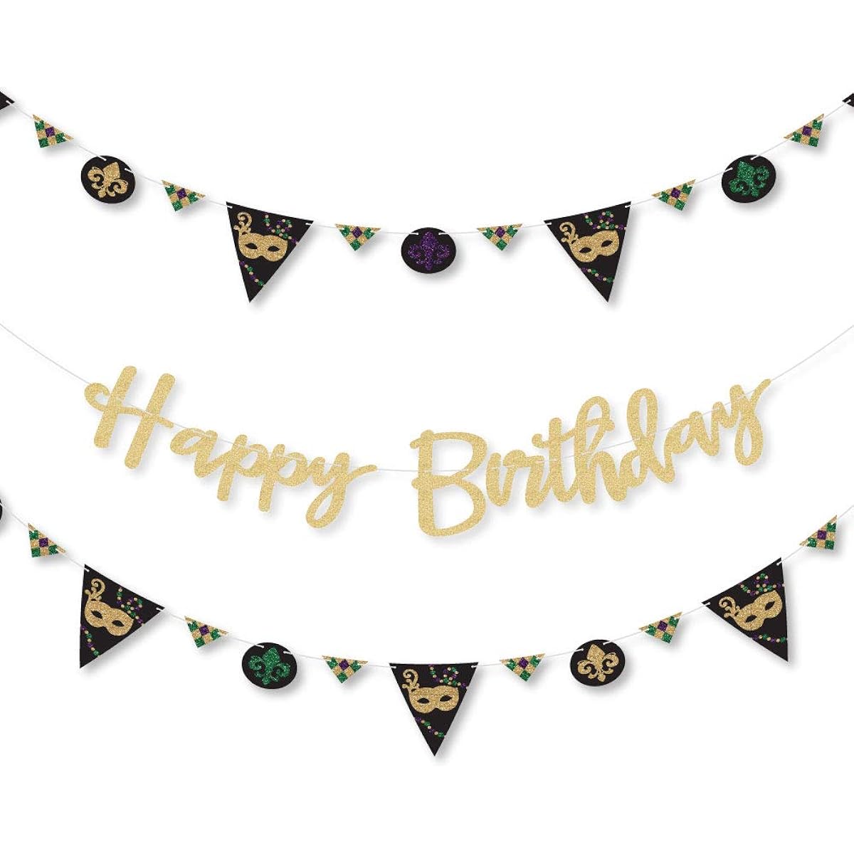 Mardi Gras - Masquerade Birthday Party Letter Banner Decorations - 36 Banner Cutouts and Mess-Free Real Gold Glitter Happy Birthday Banner Letters