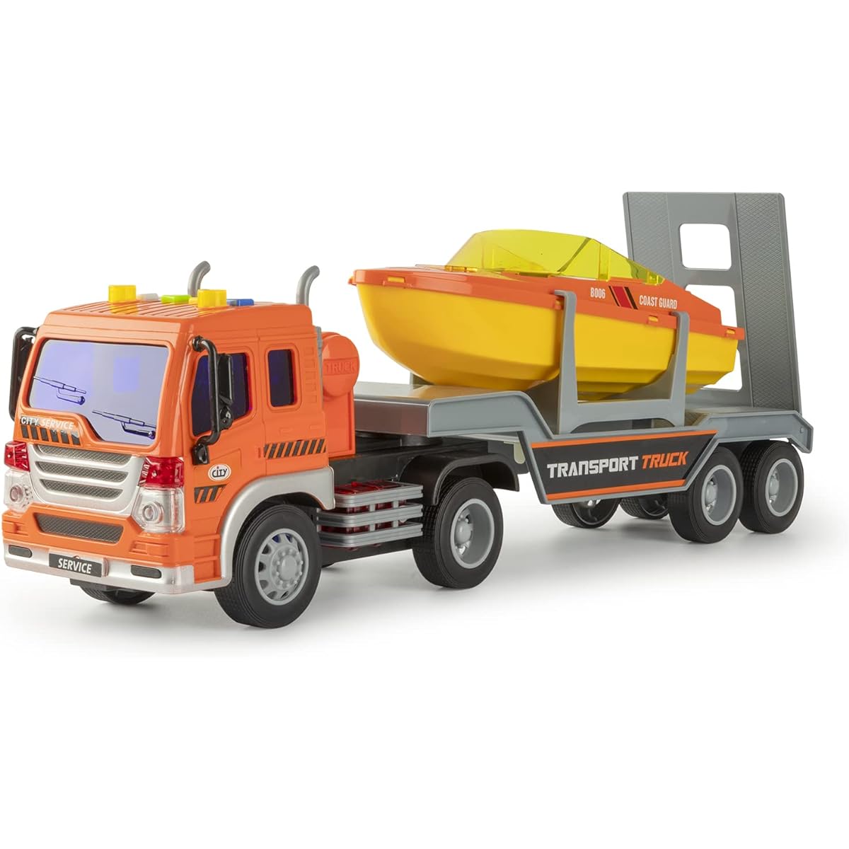Big Toy Truck with Speed Boat and Trailer for Kids 3+ Boys Friction Powered Transport Truck with Lights & Sounds (Orange