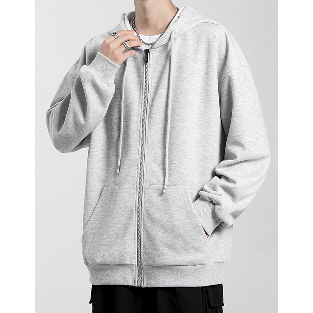 [JHIJSC] Men's Parka, Spring, Long Sleeve, Loose, Zip-up, Plain, Stylish, Hooded, Large Size