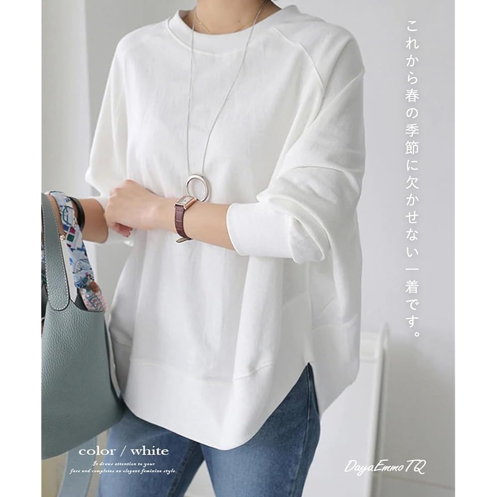 [DayaEmmoTQ] Women's Sweatshirt, Cotton, Dolman Sleeve, Pullover, Crew Neck, Long Sleeve, Plain Top, Casual, Loose, Cut and Sew, Stylish, Large Size, Body Coverage, Room Wear, Commuting, Office, Going Out, Spring, Autumn, Winter