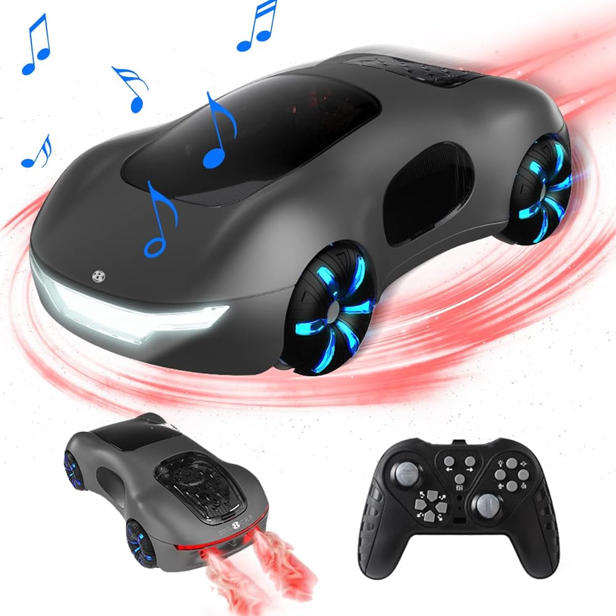 Punieayi 2.4GHz Remote Control Car with LED Light and Spray Sound Effect Rechargeable Double Sided Off-Road 360° Rotation RC Car Kids RC Stunt Car Toy Boys 6 7 8 9 10 11 12