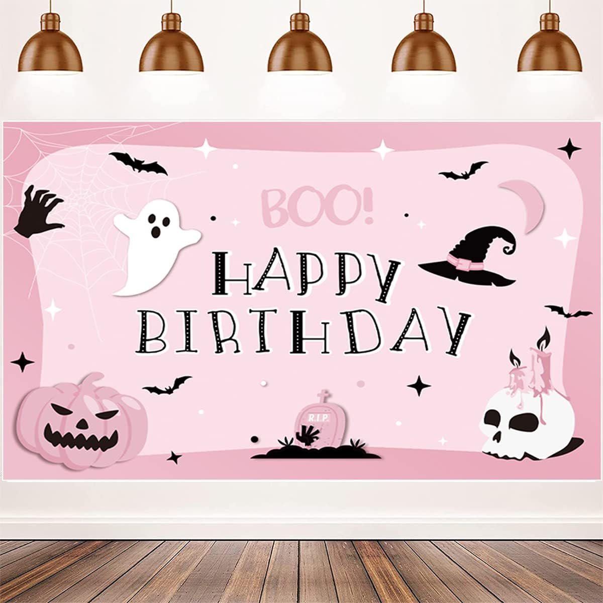Pink Halloween Birthday Party Decorations Halloween Happy Birthday Background Extra Large Pink Halloween Birthday Banner for Girls (Pink 2)