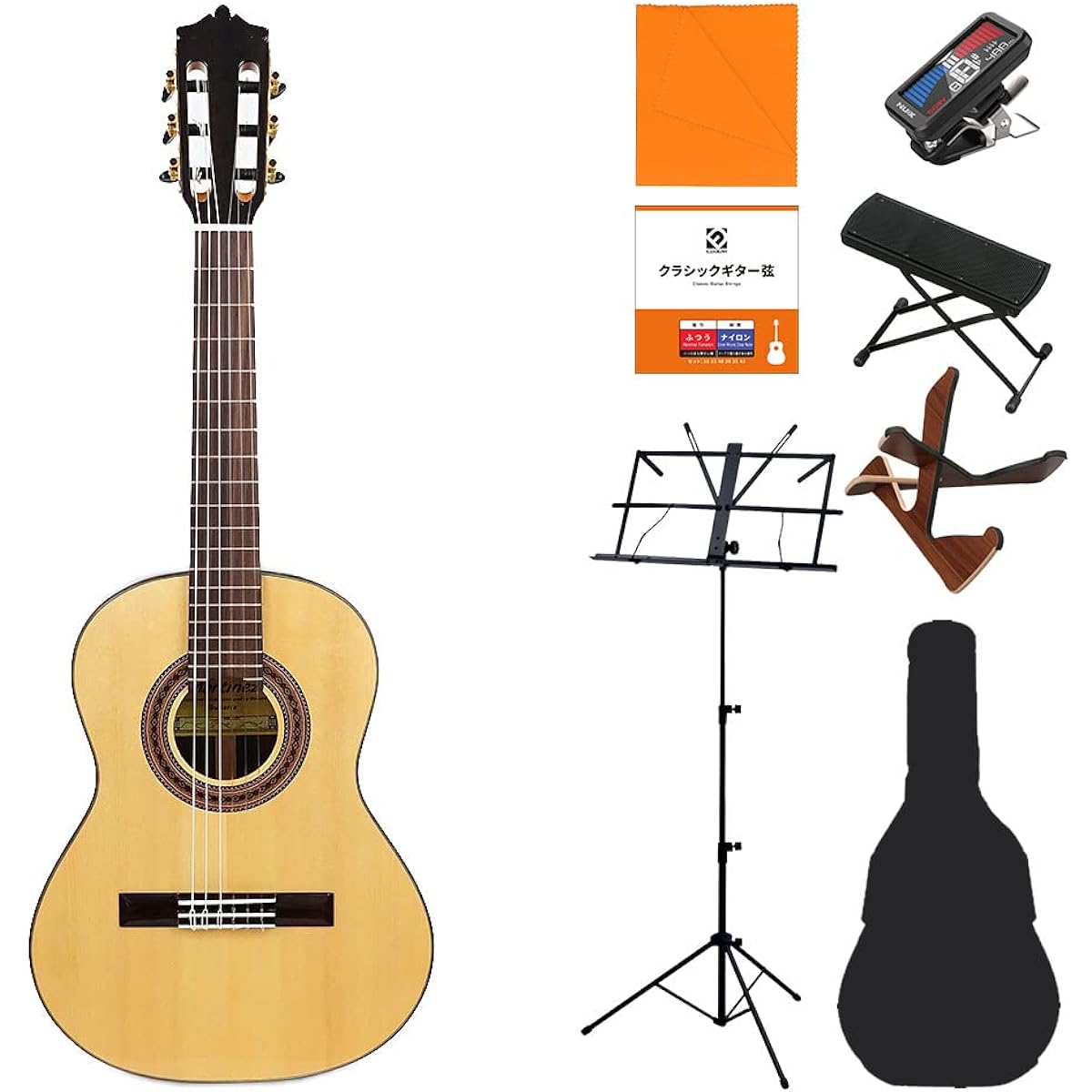 Martinez MR-520S Classical Guitar Beginner 8-piece Set, Ages 7-9, Elementary School Size, 520mm Scale, Solid Pine, Martinez