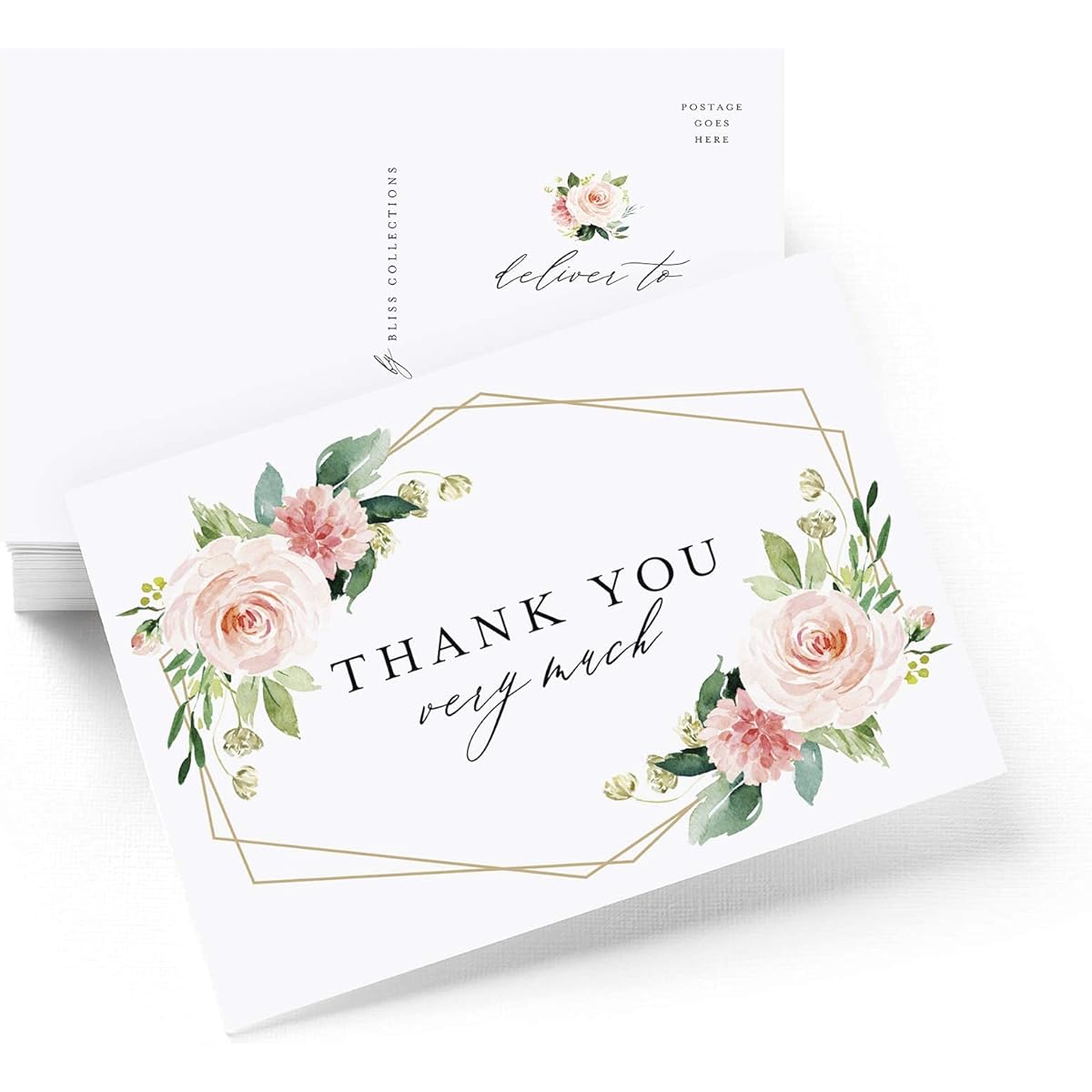 Bliss Collections Thank You Postcards, Geometric and Floral, for Weddings, Receptions, Baby or Bridal Showers, Birthdays, Graduations, Parties, Celebrations, Special Events, 4"x6" (50 Cards)