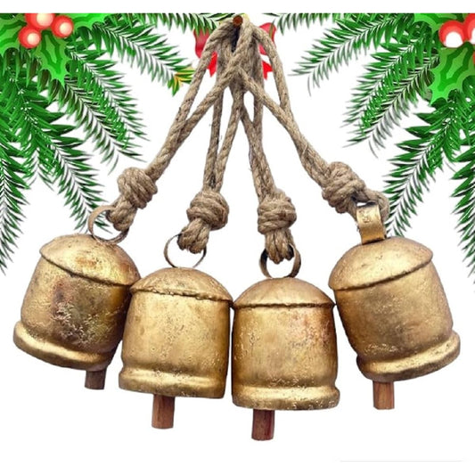 4" Giant Harmony Cowbell Large Vintage Handmade Rustic Lucky Christmas Hanging Bell Rope (Country Rustic, 4" - Large) Set of 4