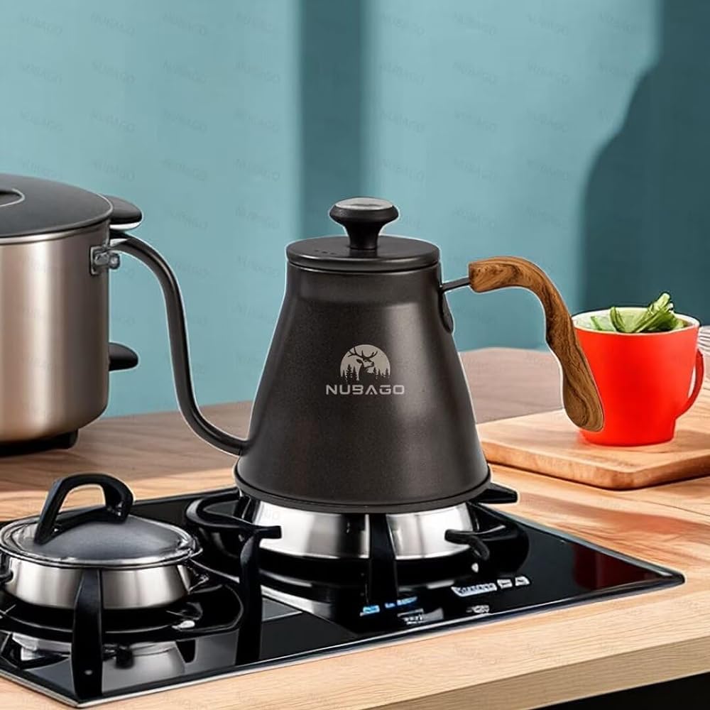 NUBAGO Coffee Kettle, Narrow Mouth, 1200ML, Coffee Pot, Drip Pot, Stainless Steel, Drip Kettle, Open Fire, IH Compatible, Camping, Kettle, Leather Cover, Thermometer Included, Kettle, Stylish, Coffee Drip Pot, with Lid, For 4 People, Bottom Diameter 14.3