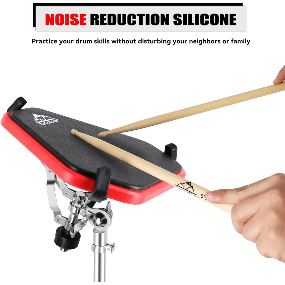 EASTROCK Practice Drum Pad with Stand 11 Inch Double Sided Silent Silicone Tram Practice Pad Silicone Drum with Drum Stand Red+Black
