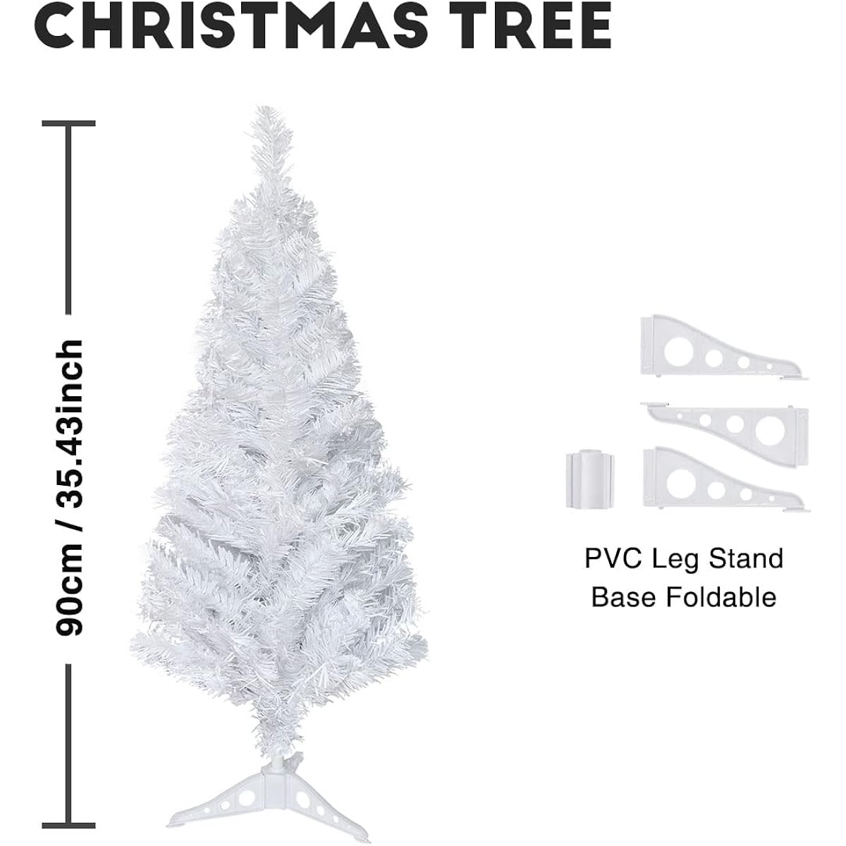 S-SSOY 3ft Christmas Tree, Artificial Christmas Pine Tree with PVC Leg Stand Base for Home Office Holiday Decorations, 90cm, White