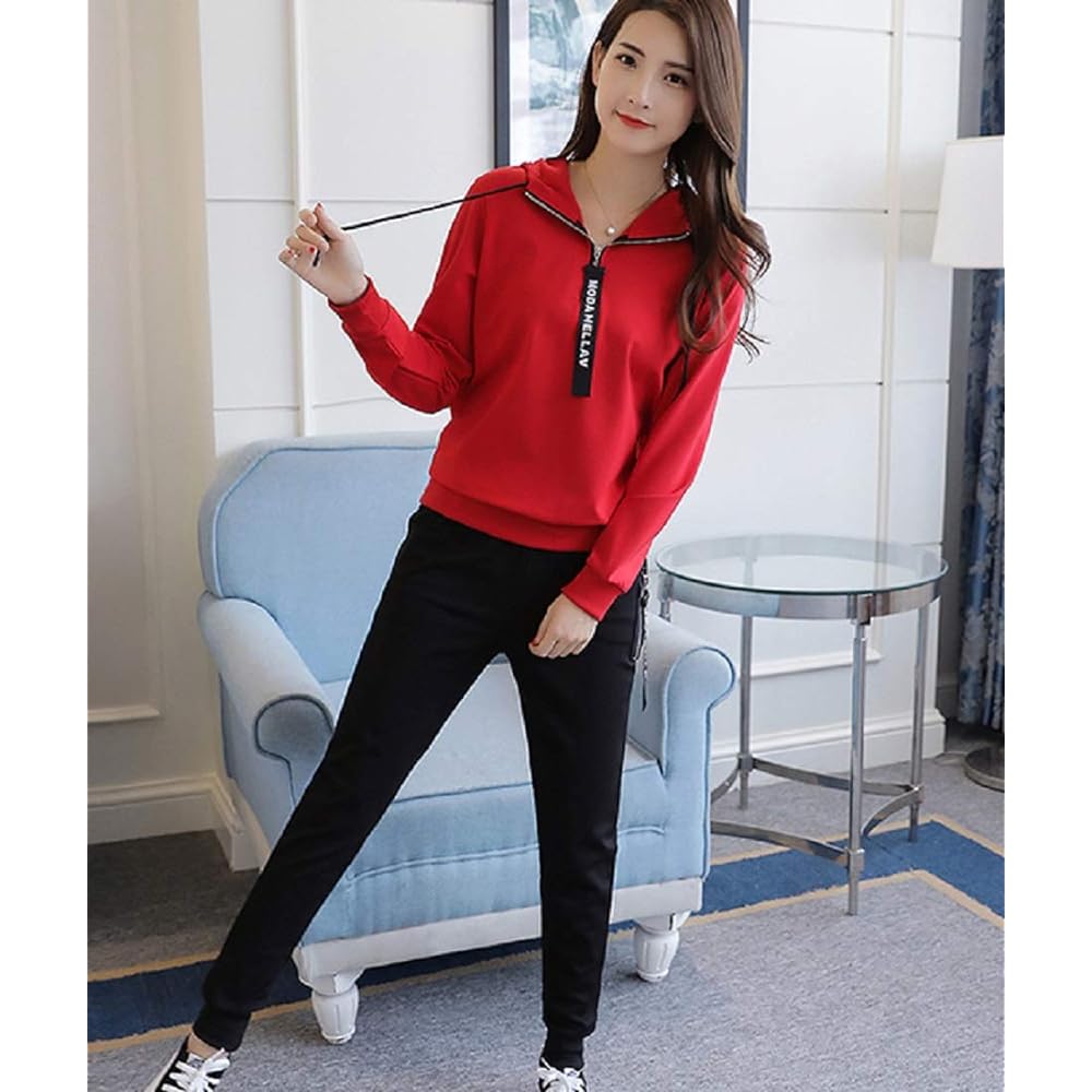 [Jirua] Women's Sweatshirt Hoodie Jersey Top and Bottom Set Training Sports Room Wear Bicolor #007