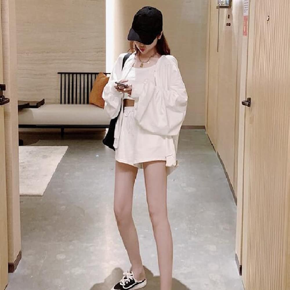 [Yejocely] 3-piece jersey top and bottom set, active wear, zip-up hoodie, camisole, shorts, women's, spring, summer, loungewear, loungewear, with pockets, Korean fashion, simple