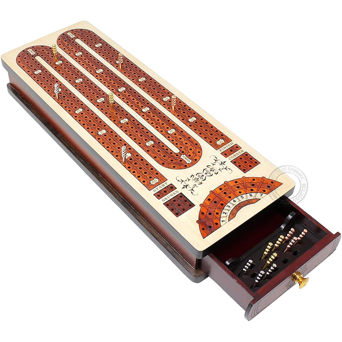 House of Cribbage - Continuous Cribbage Board 3 Track Bloodwood/Maple - Storage Drawer for Pegs and Cards Skunk Corner Win Game Score Points