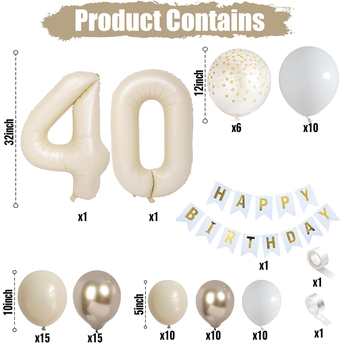 40th Birthday Decorations for Women Sand White Beige Gold Balloon Garland Arch Kit Cream Number Foil Balloons Happy Birthday Banner Boho Metallic Champagne Gold Party Decor for 40th
