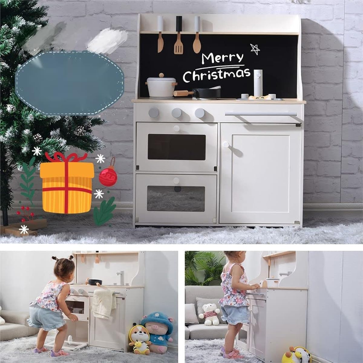OSJ Pretend Kitchen, Wooden, Cooking Utensils Included, Pretend Set Included, Blackboard Included, Display Shelf, Kitchen, Mini Kitchen, Educational Toy, Pretend, Seasoning, Food, Toy, For Children, Storage, Present, Gift, Christmas Present, Birthday